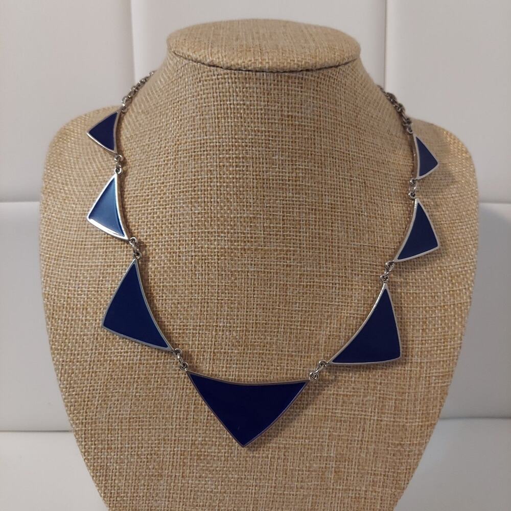 Express Silver Tone and Blue Enamel Triangles Statement 16" Necklace